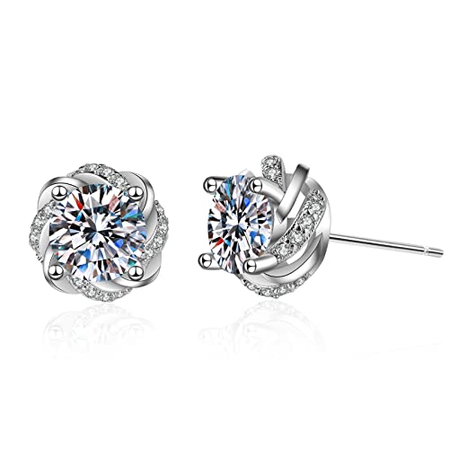 ZQHWYZ 9K White Gold Earrings Studs, Classic Twisted Flower with Moissanite Helix Cartilage Stud Earrings for Women White Gold