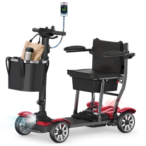 BIQISSI Mobility Scooter for Adults, 4 Wheel Motorized Mobility Scooter w/Portable Aluminium Frame, 350LBS Capacity & Lithium Battery, 15Miles Electric Powered Mobility for Outdoor (Red, 17 MI)