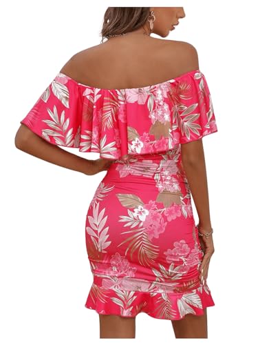 Floerns Women's Off Shoulder Ruffle Trim Short Sleeve Tropical Print Bodycon Dress2