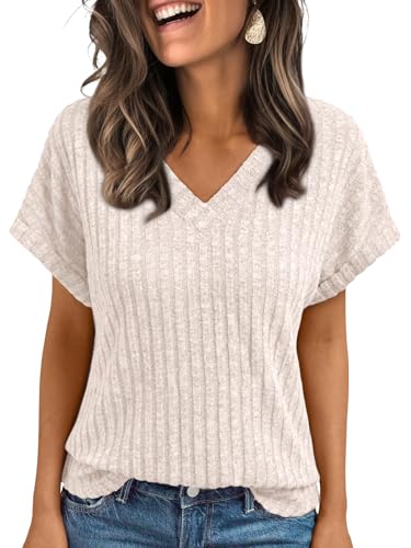 AUTOMET Womens Spring Tops 2026 Summer Dressy Casual Blouses Short Sleeve Cute V Neck Sweater Shirts Fashion Vacation Clothes Apricot L