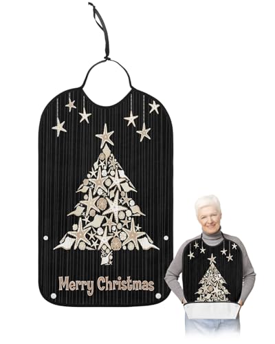 Christmas Tree Adult Bib for Adults Men, Women, Washable & Adjustable Terry Cloth Bib with Crumb Catcher Reusable Waterproof Clothing Clothes Protector Apron Ocean Nautical Shell Starfish Black Stripe