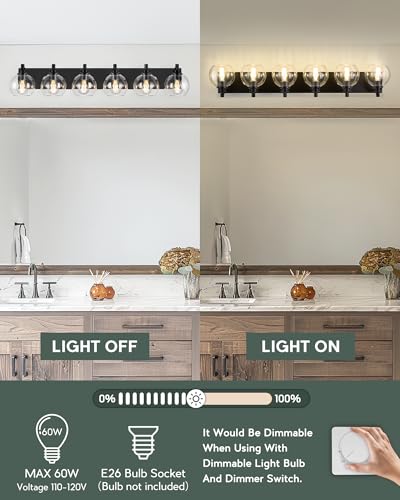 Image of Bathroom Light Fixtures, 6 Light Matte Black Vanity Light, 38 Inch Modern Wall Sconces with Globe Clear Glass Shade, Vanity Lighting Fixtures Over Mirror, VL195-MB-6