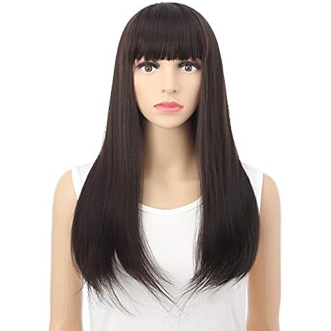 FAELBATY 22" Long Straight Black Dark Brown Color Wig Heat Resistant Synthetic Wig With Bangs Cosplay Wig for Women(6/8) Cover