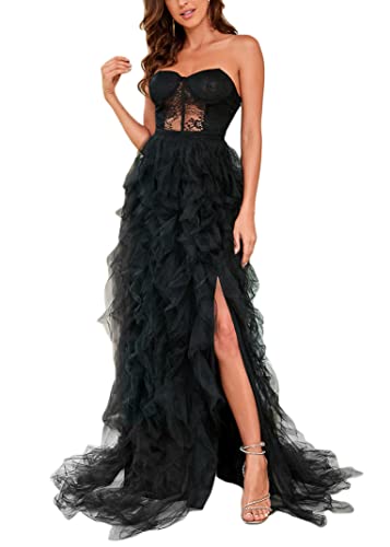 ORANDESIGNE Damen Spitzenkleid Brautjungfer Kleid Ballkleider Lang Elegant A-Linie Party Prom Dress Seitenschlitz Hochzeit Abendparty Kleid Lang...