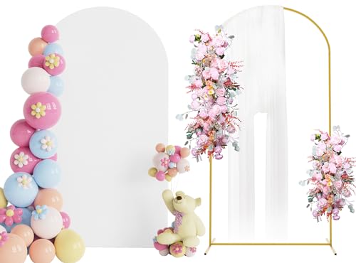 Putros 7.2ft Metal Arch Stand with Cover White Spandex Fitted Wedding Arch Cover and Round Top Chiara Backdrop Stand Set for Birthday Party Baby Shower Decoration