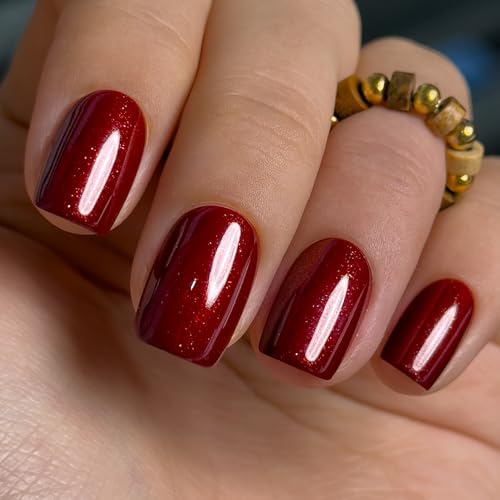 CurvLife Short Square Glitter Press On Nails, Smoky Ruby Red, Soft Gel