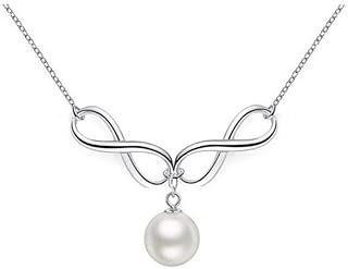 سلسلة مطلية بالذهب الأبيض مع المعلقات اللانهائية التوائم وقلادة خرز اللؤلؤ للنساء