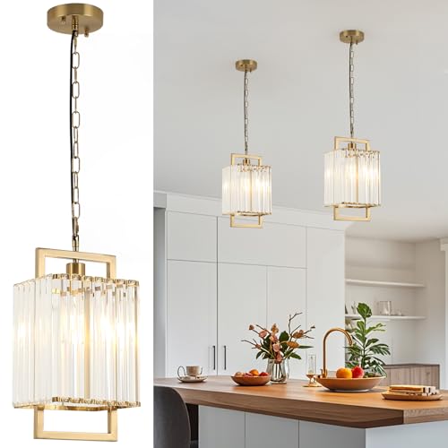 Gold Crystal Pendant Light for Kitchen Island, Modern Glass Pendant Light Kitchen Island, Luxury Chandelier Light, 1-Light Square Crystal Pendant Lights for Dining Room Kitchen Bedroom Hallway(E26)