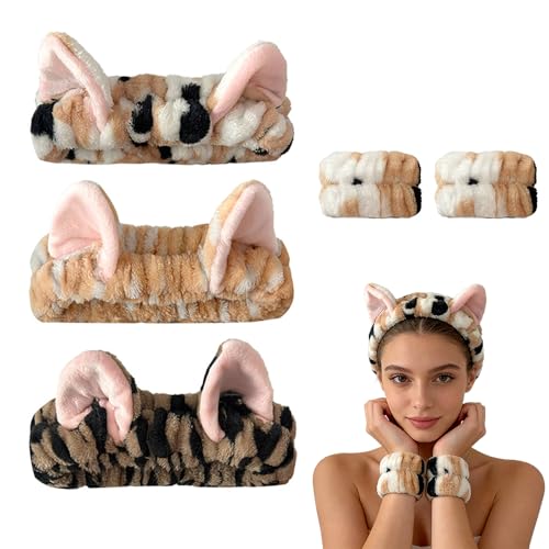 MSLSOZ 3 lindas bandoletes de lavagem facial em forma de gato, um par de pulseiras para lavar o rosto, bandoletes elásticas de forro polar coral macio para mulheres | Ideal para limpeza facial