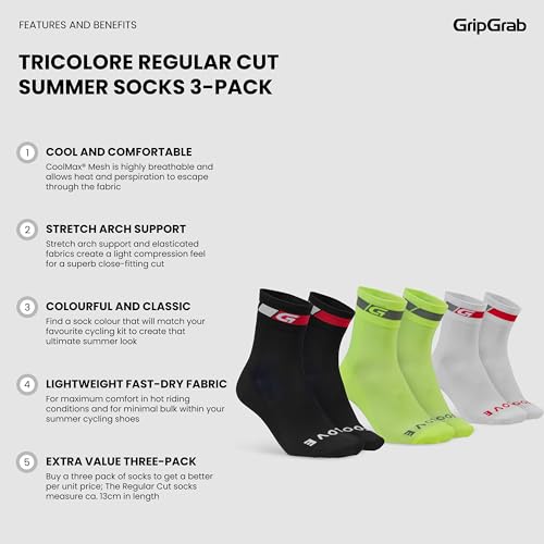Image of GripGrab Classic Regular Cut Summer Cycling Socks Single & Multipack Coolmax Bicycle Socks for Spinning Indoor Biking