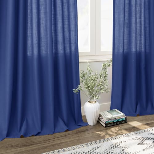 Image of Classic Blue Linen Curtains 84 Inch Length 2 Panels Set for Living Room Rod Pocket Back Tab Light Filtering Window Drapes for Bedroom Dining Room Protect Privacy Modern Farmhouse Decor 52x84