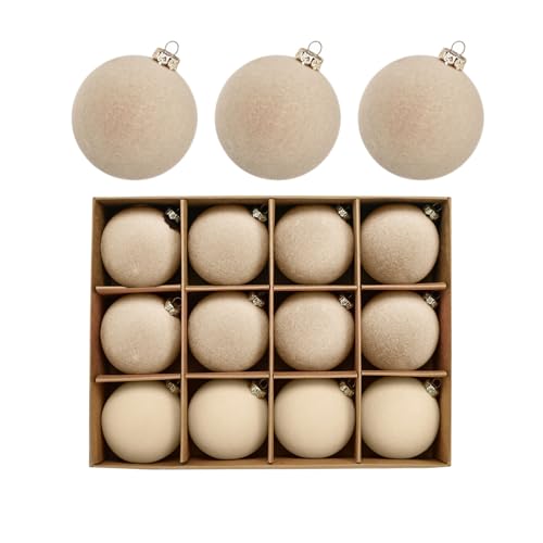 Lot de 12 Boules De NoëL en Velours Incassables, Décorations pour Sapin De NoëL, Flocage, Boules Suspendues De 6 Cm, Ornements pour Décoration De Maison Et De Vacances (Beige)