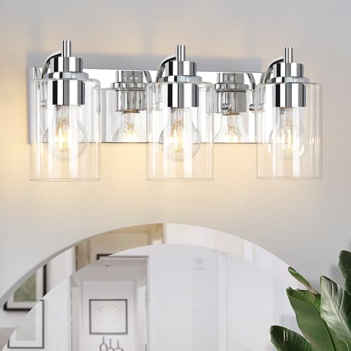 XIYOUVE Bathroom Light Fixtures, 3-Light Bathroom Vanity Light with Clear Glass Shades, Silver Vanity Lights, Vintage Wall Sconces for Bedroom Living Room Hallway, ETL Listed