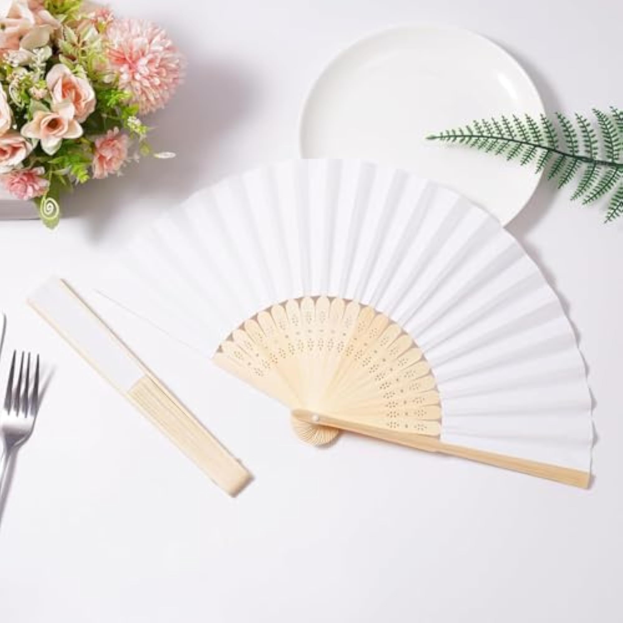20pcs White Paper Hand Fan, Wedding Decoration