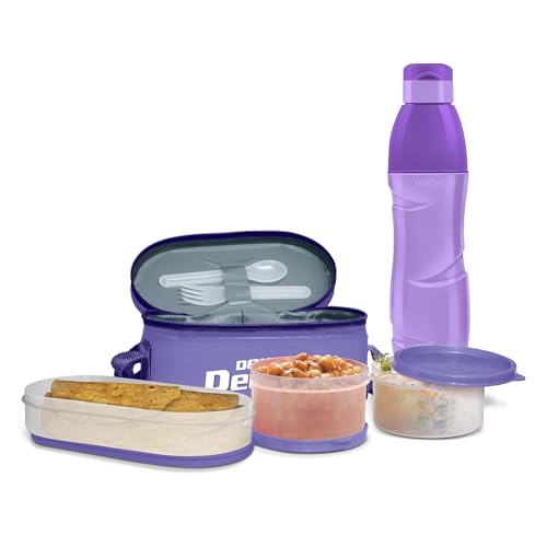Image of MILTON Hydrameal Combo Set Lunch Box with Insulated Jacket & 490 ml Water Bottle, 3 Containers (450 ml, 280 ml, 280 ml), Microwavable & Leak-Proof Tiffin for Office, School & College, Purple