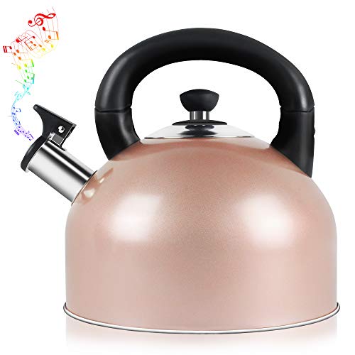 Whistling Tea Kettle Tea Pot - 34 Quart Surgical Stainless Steel Tea Kettle for Stove Top with 5 Layers BottomFolding Handle Available to Multiple Stoves - Rose Gold