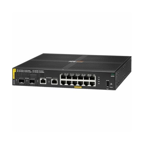 Hewlett Packard Enterprise HPE Aruba Networking CX 6000 12p 10M/100M/1G Class4 PoE 2p SFP 1G 139W Switch - Switch - managed - 12 x 10/100/1000 (PoE+) + 2 x Gigabit SFP (Uplink) + 2 x Gigabit RJ-45 -