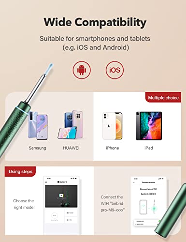 Bebirdpro Ear Wax Removal Tool Safely Cleaning Ear Canal At Home,Ear Cleaner With Hd Camera And 6 Led Lights, Ear Camera And Wax Remover For Ios, Android Smart Phones M9, Dark Green #TOP2