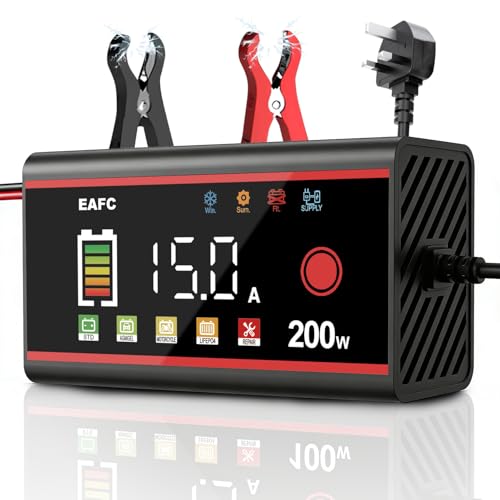 EAFC 15Amp Car Battery Charger 200W 12V Smart Battery Fast Charger For Car/Truck/Motorcycle GEL AGM Wet SLA EFB LiFePO4 etc. with Pulse Repair Mode Short-Circuit Protection LCD color display