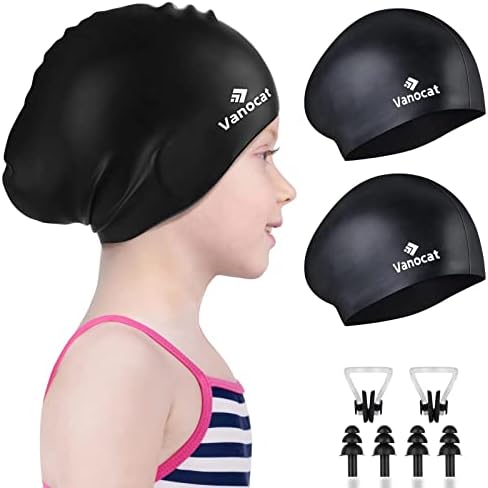 2 Pack Kids Swim Caps for Long/Short Hair, Unisex Silicone Swimming Cap for Age 3-15 Children Toddler Youth Teen, Waterproof Shower Cap Bathing Hats for Girls Boys with Ear Plugs & Nose Clip-9