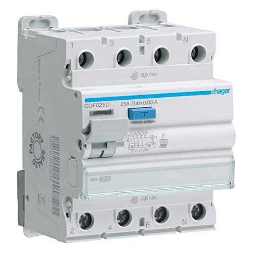 Hager Disjoncteur différentiel CDF625D 4p 10kA 25A 30mA F Disjoncteur différentiel 3250611621607