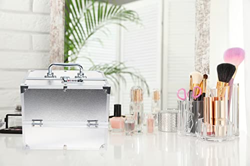 Image of Adson Professional Beauty Make Up Cosmetic Vanity Box /Case 4 Trays with Mirror (Metallic Silver)