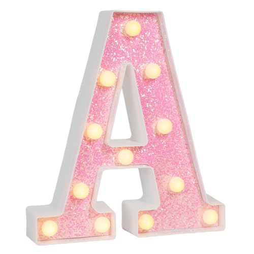Image of Pink Glitter Marquee Light Up Letters, Battery Operated LED Letter Lights Signs for Pink Birthday Party Table Decorations, Wall Decor for Girls Bedroom, Initial Letter A with Warm White Lights