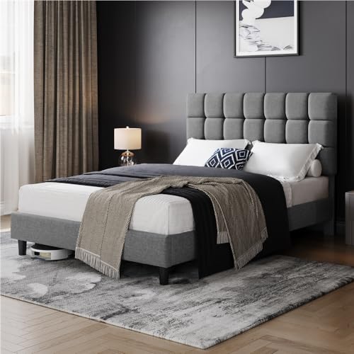 Yaheetech Marco de Cama Doble Acolchado Cuadrado 140×200cm Cabecero Ajustable en Altura con Base de Listones Gris Claro