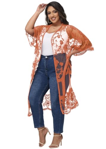 Image of Anna-Kaci Women's Plus Size Lace Cardigan Embroidered Long Kimono Dusters with Half Sleeves