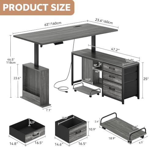 Image of 63'' L Shaped Desk with 3 Drawers Electric Standing Desks Grey