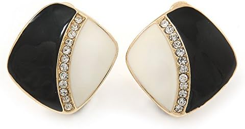Avalaya Clear Crystal Black/Cream Enamel Square Clip On Earrings In Gold Tone/20mm Tall