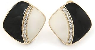 Avalaya Clear Crystal Black/Cream Enamel Square Clip On Earrings In Gold Tone/20mm Tall