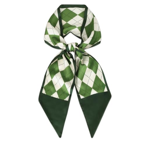 Relang Satin Scarf Mulberry Silk Printed Head Wrap Hair Band 7"" x 59"" Green Grid Pattern