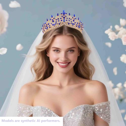 Kamirola Wedding Crystal Tiaras and Crowns for Women, Bride Royal Queen Headband Princess Quinceanera Headpieces for Birthday Prom Pageant Party (Gold Blue) by Kamirola - Image 3