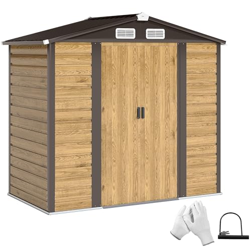 Outsunny Abri de Jardin en métal 2,36 m², cabane de Jardin Exterieur en Acier galvanisé Facile à Monter, avec kit de Fondation, Portes Doubles avec Serrure abri à Outils extérieur 213x120x194cm chêne