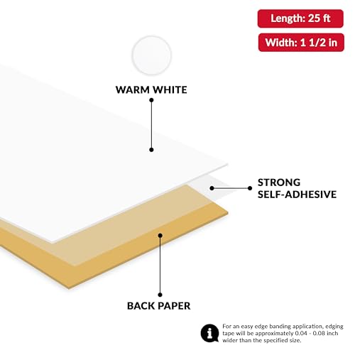 Image of White PVC 1 1 /2 inch x 25 ft Edge Banding Tape Peel Stick Adhesive Edging Veneer Trim Flexible Vinyl Strip Molding Wood Cabinet Laminate Shelf Furniture Countertop Formica Plywood Board Repair
