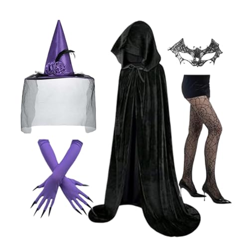 Costume de Sorcière pour Femmes complet avec cape chapeau gants et loup en dentelle pour cosplay