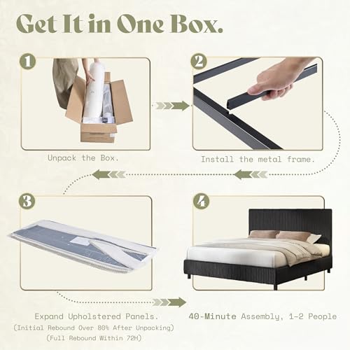 Image of AMERLIFE King Bed Frame, Upholstered Metal Platform Bed with Vertical Channel Tufted Headboard, Soft Fabric & Strong Metal Slats, Noise-Free /Easy Assembly, Black King Upholstered Bed and Headboard