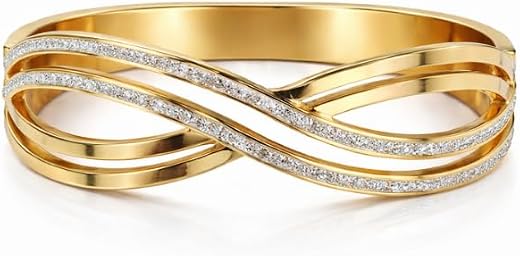 Women's Stainless Steel Gold Infinity Crystal Studded Bangle Bracelet | Elegant Clip Clasp Stylish Fashion Jewelry Gift fo...