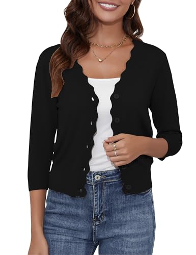 Image of Women's Cropped Cardigans 3 /4 Sleeve Button Down Lightweight Cardigan Sweaters Scalloped Edged Bolero Shrugs