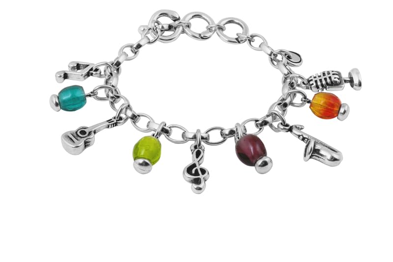 Ciclon1998 - pulseras musica multicolor - cadena con charm de motivos musicales - bañado en plata de ley - cadena eslabon ovalado - joya artesanal - ideal para regalo - coleccion Jobs - 182177