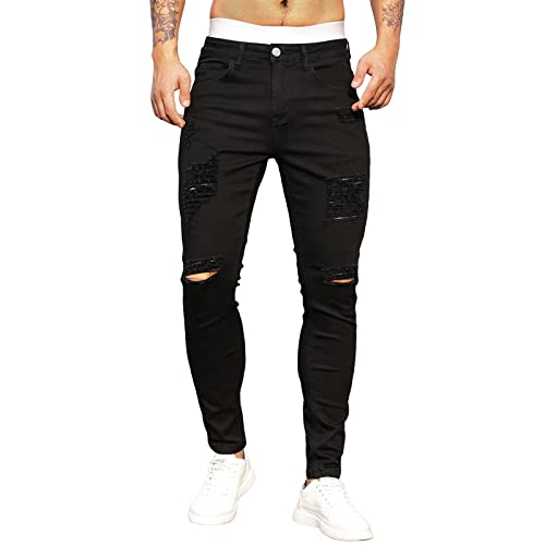 Pantalon en jean déchiré pour homme, coupe ajustée, style classique avec petit trou pour la jambe, pantalon de sport décontracté en denim pour le yoga, le jogging et le quotidien, Noir , M