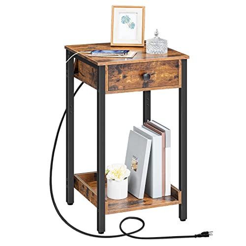 Hoobro Nightstand With Charging Station, Tall Side Table, End Table With Drawer And Storage Shelf, Industrial End Telephone Table, For Study, Bedroom, Space Saving, Rustic Brown And Black Bf71Ubz01 #TOP21