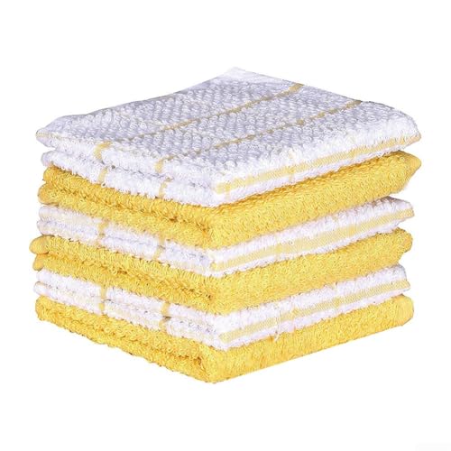 Juego de 6 paños de cocina de algodón tejido de rizo de 12 x 12 pulgadas, paños de cocina de algodón suave, toallas de limpieza absorbentes para secar platos y limpiar derrames (cuadrícula amarilla)