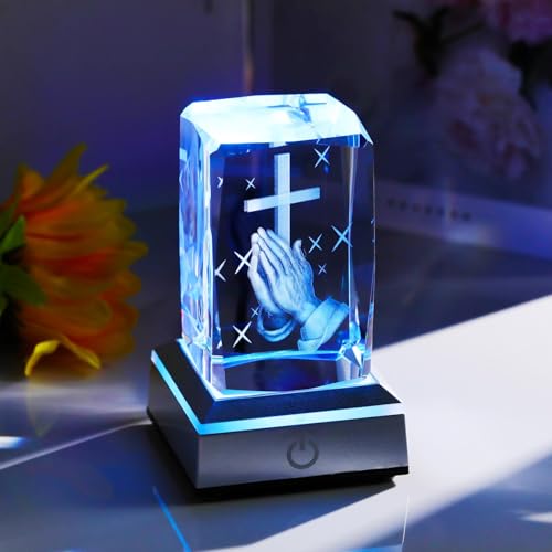 YWHL 3D Crystal Cross Figurine with Colorful Light Base, Laser Engrave Praying Hands Religious Gifts for Women Man, Christian Gifts for Friend - Thumbnail 2