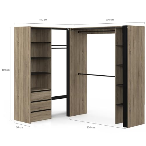 Dressing extensible d'angle MARLON 200 x 150 x 180 cm hêtre avec penderies + tiroirs + étagères + rideaux noirs - vue 4