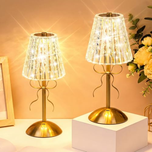 Image of Liliful 2 Pcs Cordless Table Lamp Rechargeable Touch LED Small Gold Portable Battery Operated USB-c Desk Lamp 3 Color Dimmable for Bedroom Living Room Dining (Gold,Classic Style Bow)