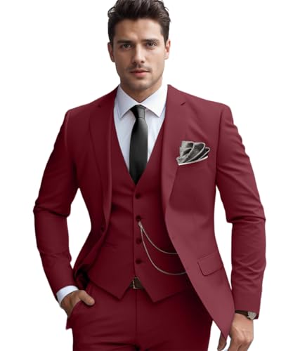 Men's Slim Fit Suit Set 3 Piece Suits for Men Regular Fit Solid Blazer for Business Wedding Prom with a Tie,Deep Wine Red,L