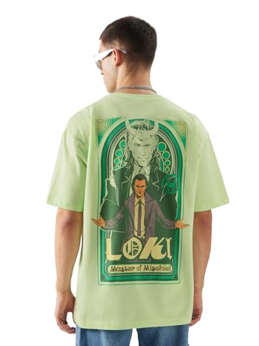 Image of The Souled Store Official Loki: Master of Mischief Men and Boys Oversize Fit Half Sleeve Graphic Printed Cotton Green Color T-Shirt