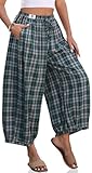 TARSE Women Cotton Linen Wide Leg Pants Plaid Loose Harem Pants Palazzo Casual Boho Summer Capri with Pockets(DarkGreenPlaid,XXL)